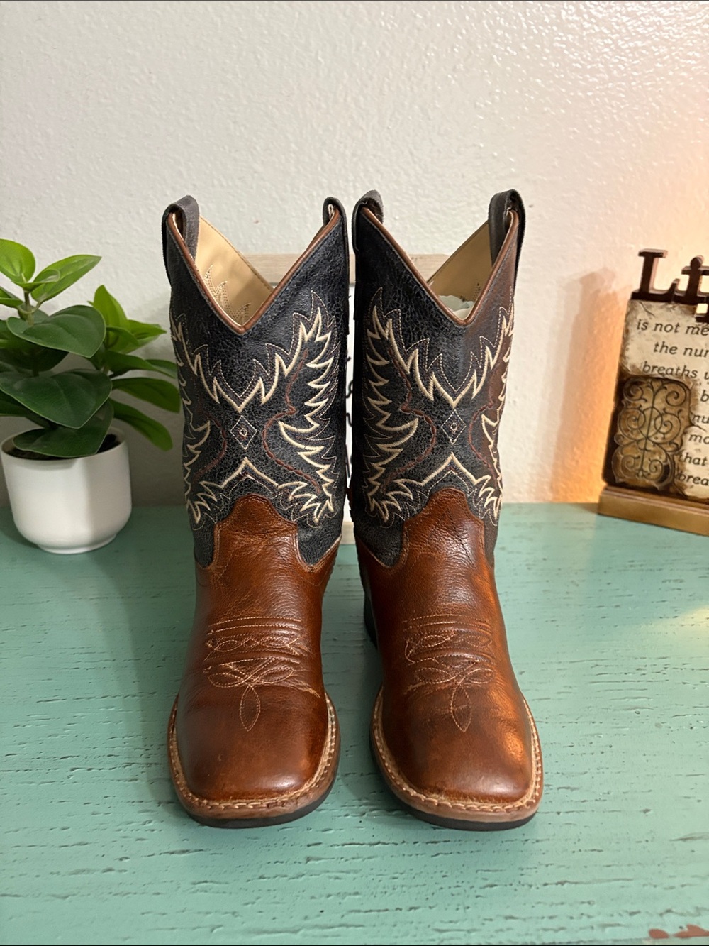 Boys Brown Leather Western Cowboy Boots - Brown & Black